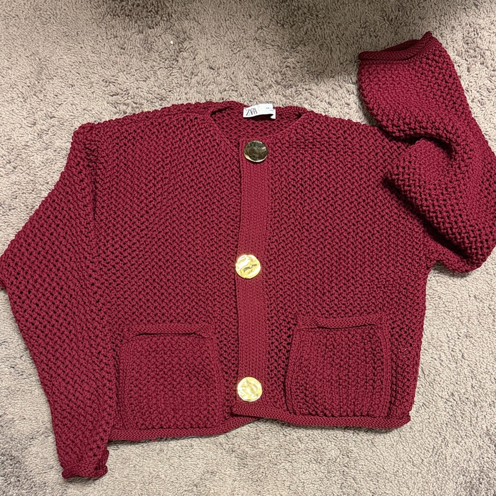 Zara Deep Red Cardigan with Gold Buttons